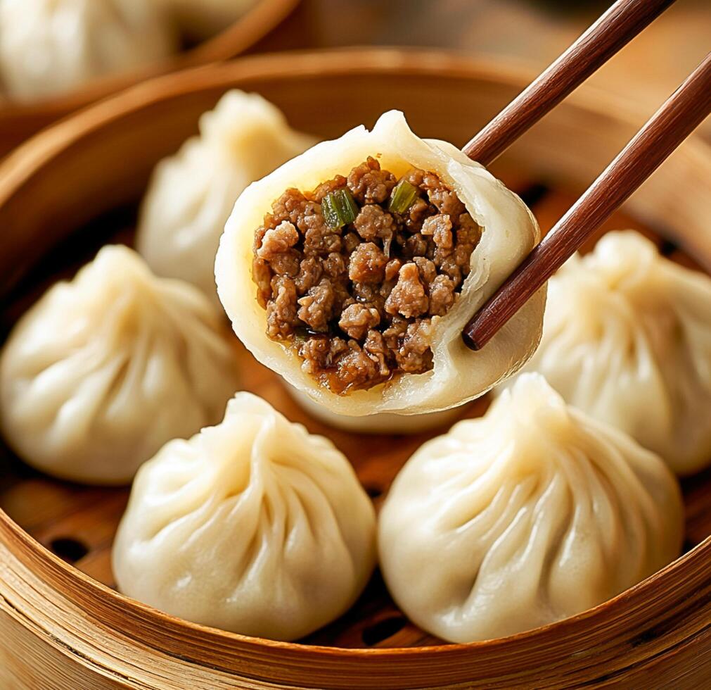 A wooden bowl with dumplings photo