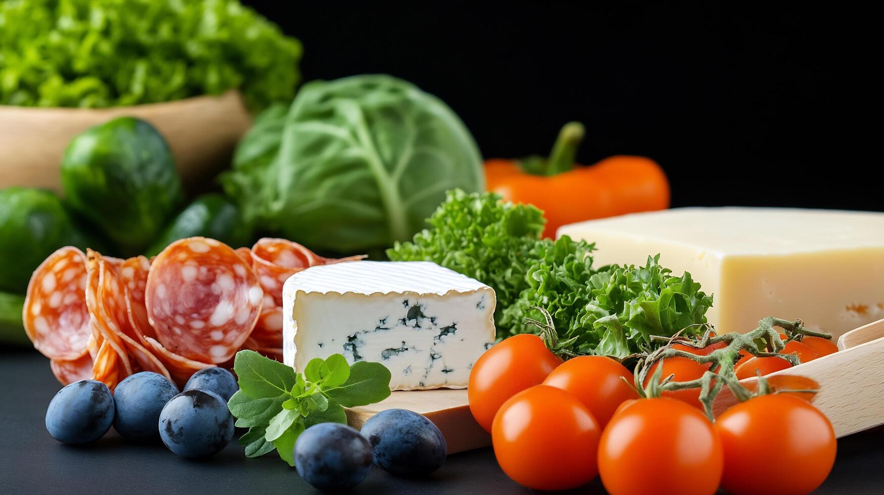 A variety of vegetables and cheese on a table photo