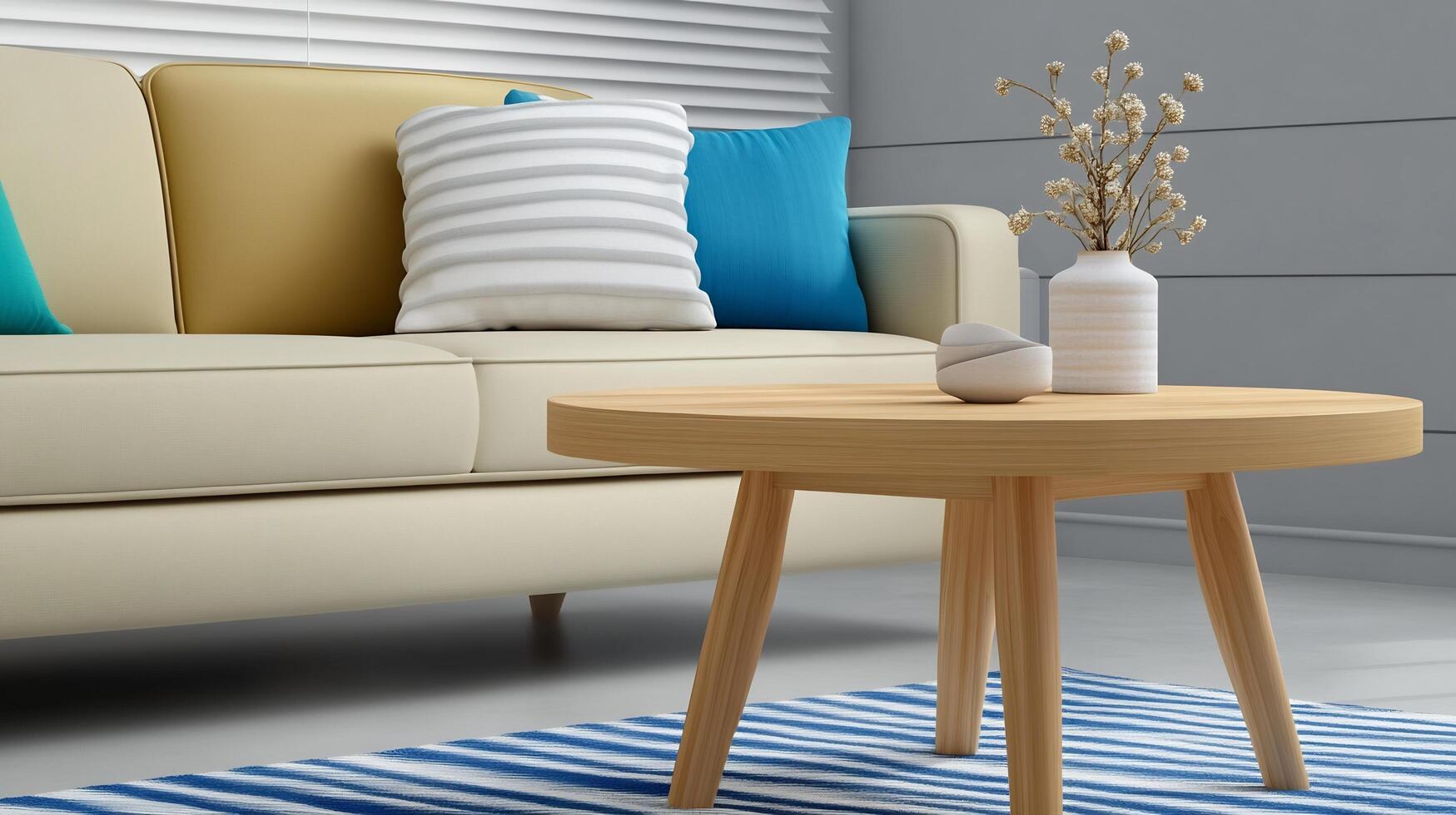 A small table with a vase on it in front of a couch photo