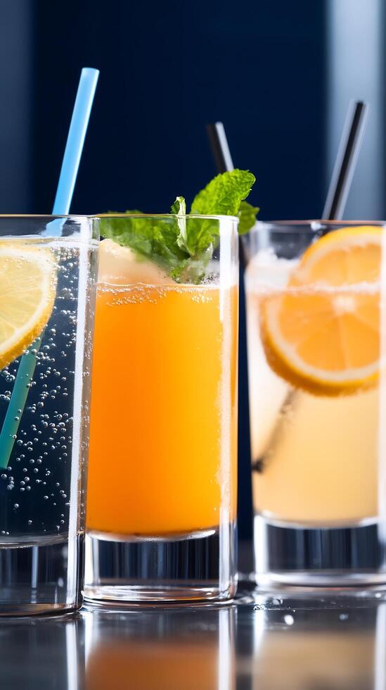 Three different types of drinks with ice and lemon slices photo