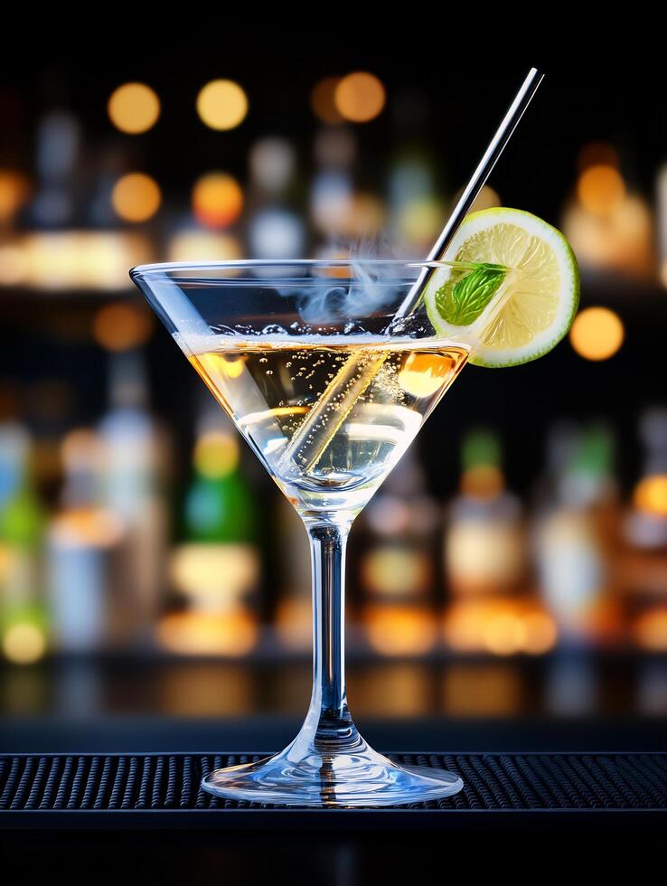 Cocktail with a lime on the bar counter photo