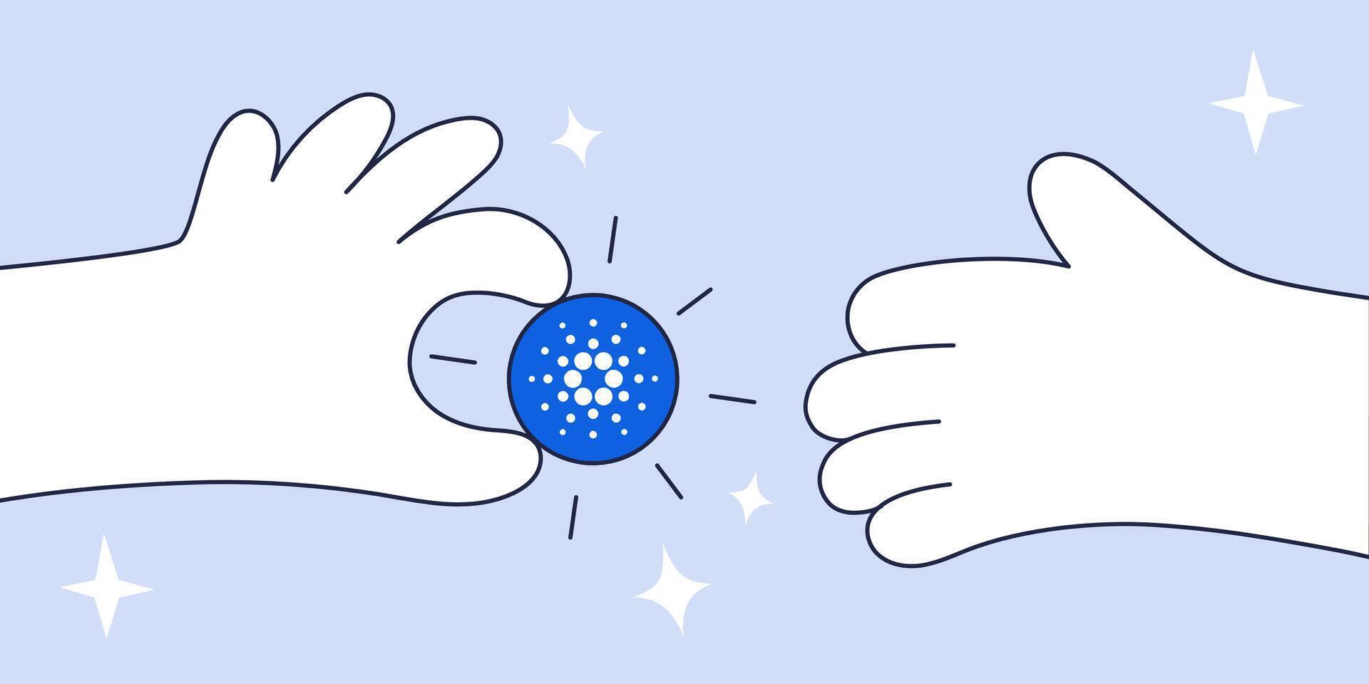 llustration of a Cardano Crypto Transaction Represented by Hands Sharing a Blue ADA Cryptocurrency Token vector