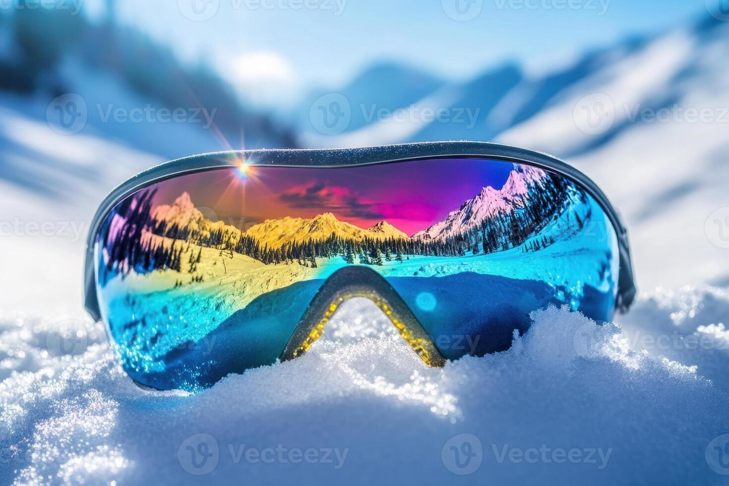 Ski goggles reflecting colorful mountain view on a sunny winter day photo
