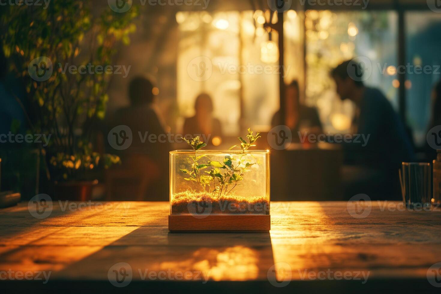 Small plant growing in a glass terrarium on a wooden table in a cafe photo