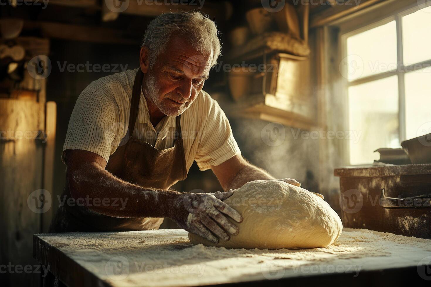 Baker kneading dough in traditional bakery, hands covered in flour photo
