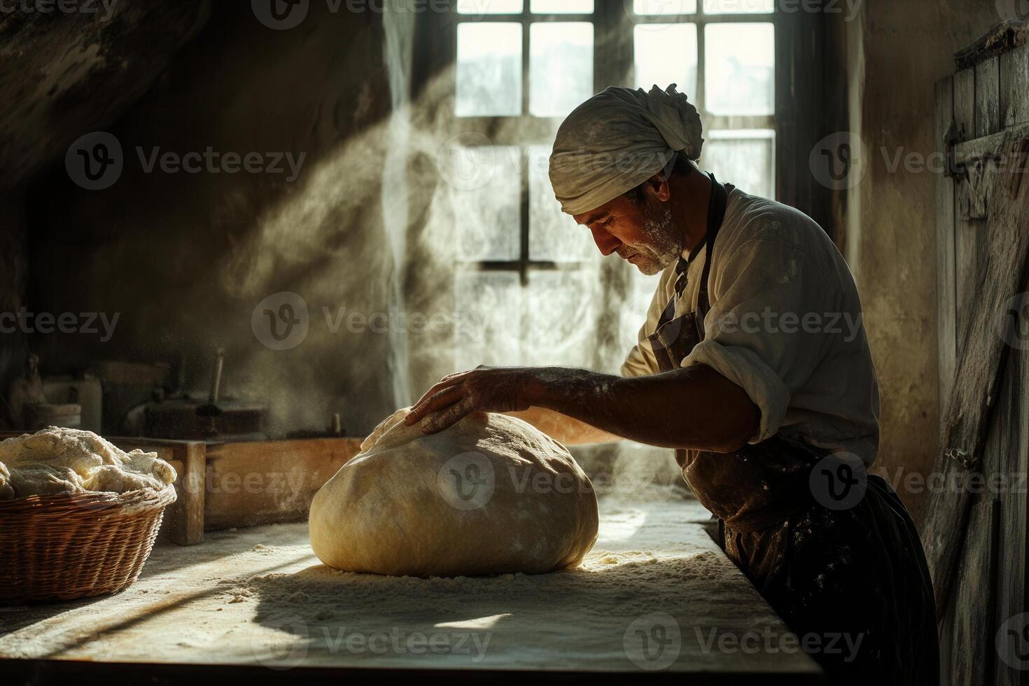 Baker kneading dough in rustic bakery with flour dusting hands photo