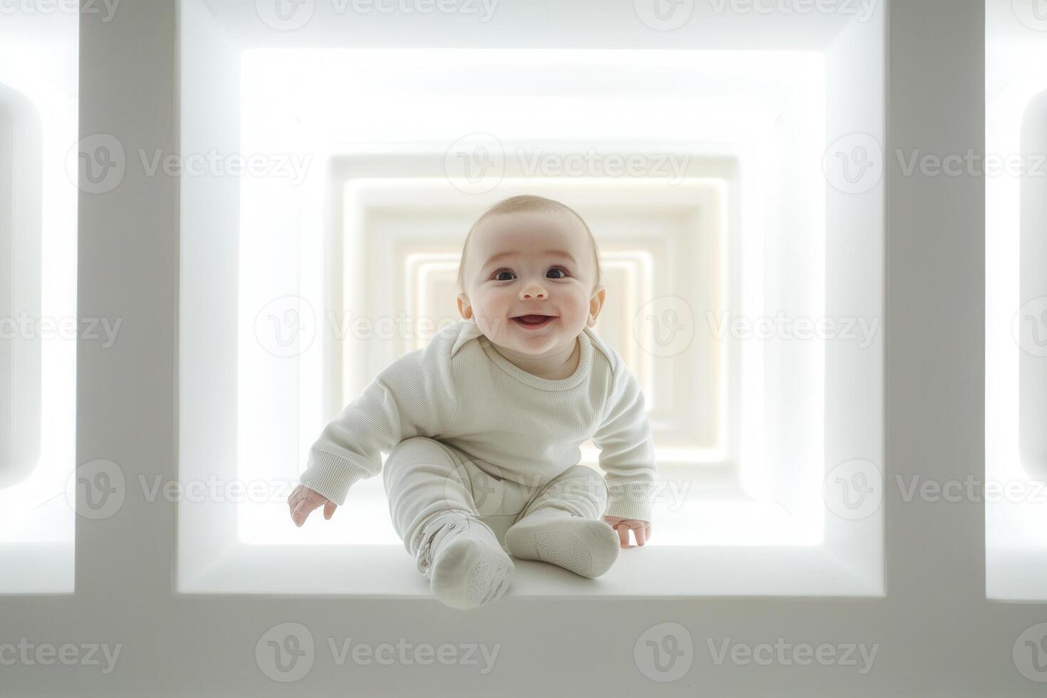 Happy baby smiling and sitting in a white modern interior design space photo