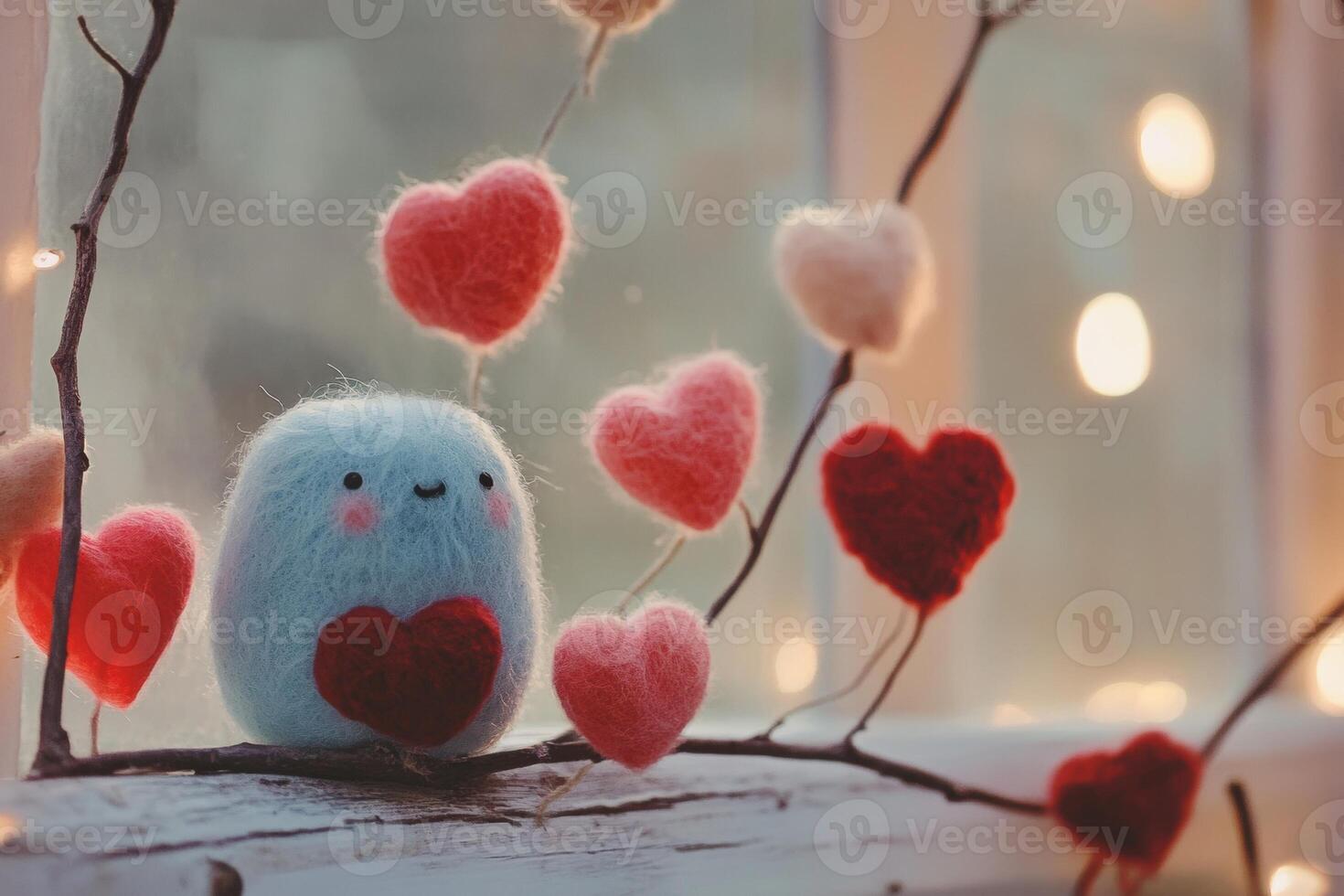Adorable handmade valentine's day decoration with felted hearts and smiling character photo