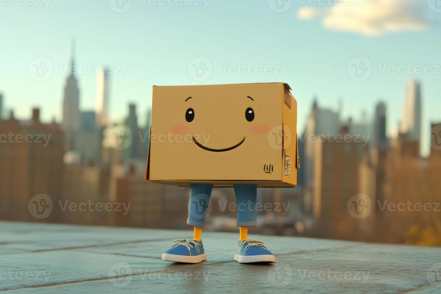 Cute cardboard box character smiling in new york city rooftop photo
