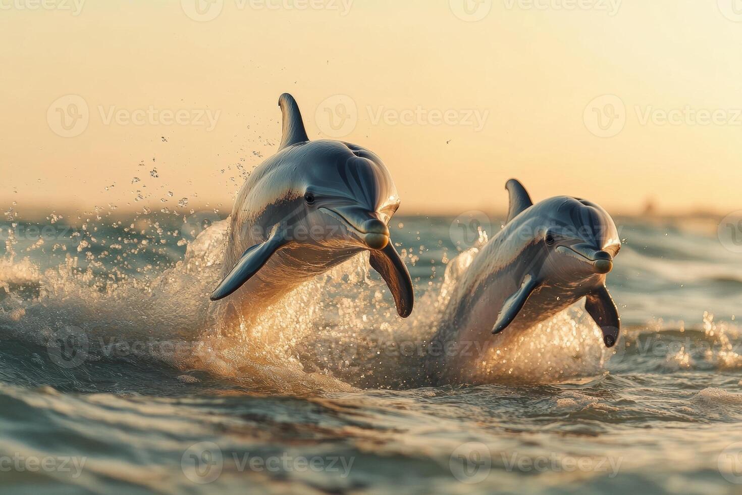 Two dolphins jumping out of the water at sunset photo