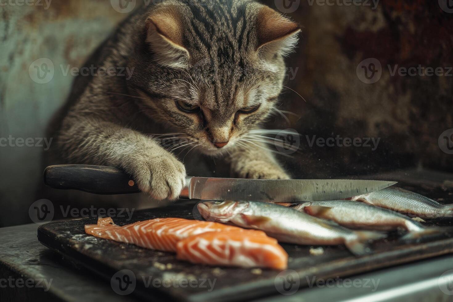 Cat cutting fish with knife on kitchen table photo