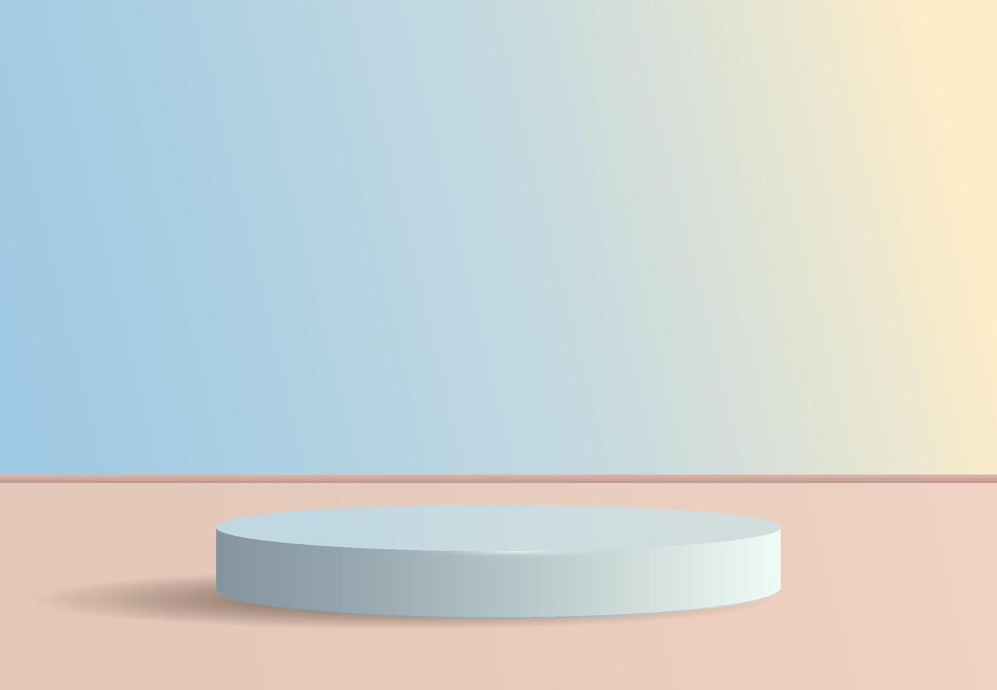3D blue podium with shadow stands on beige surface with blue sky in the background. Modern concept, product demonstration, mockup. vector