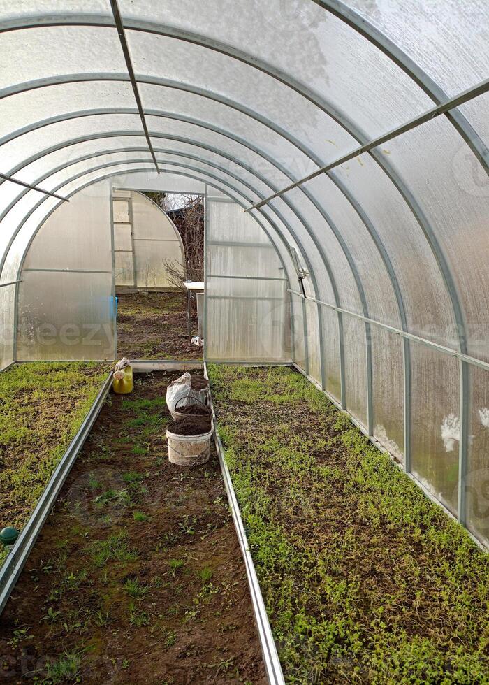 Greenhouse inside with open door, beds with grass, buckets with soil and watering can photo