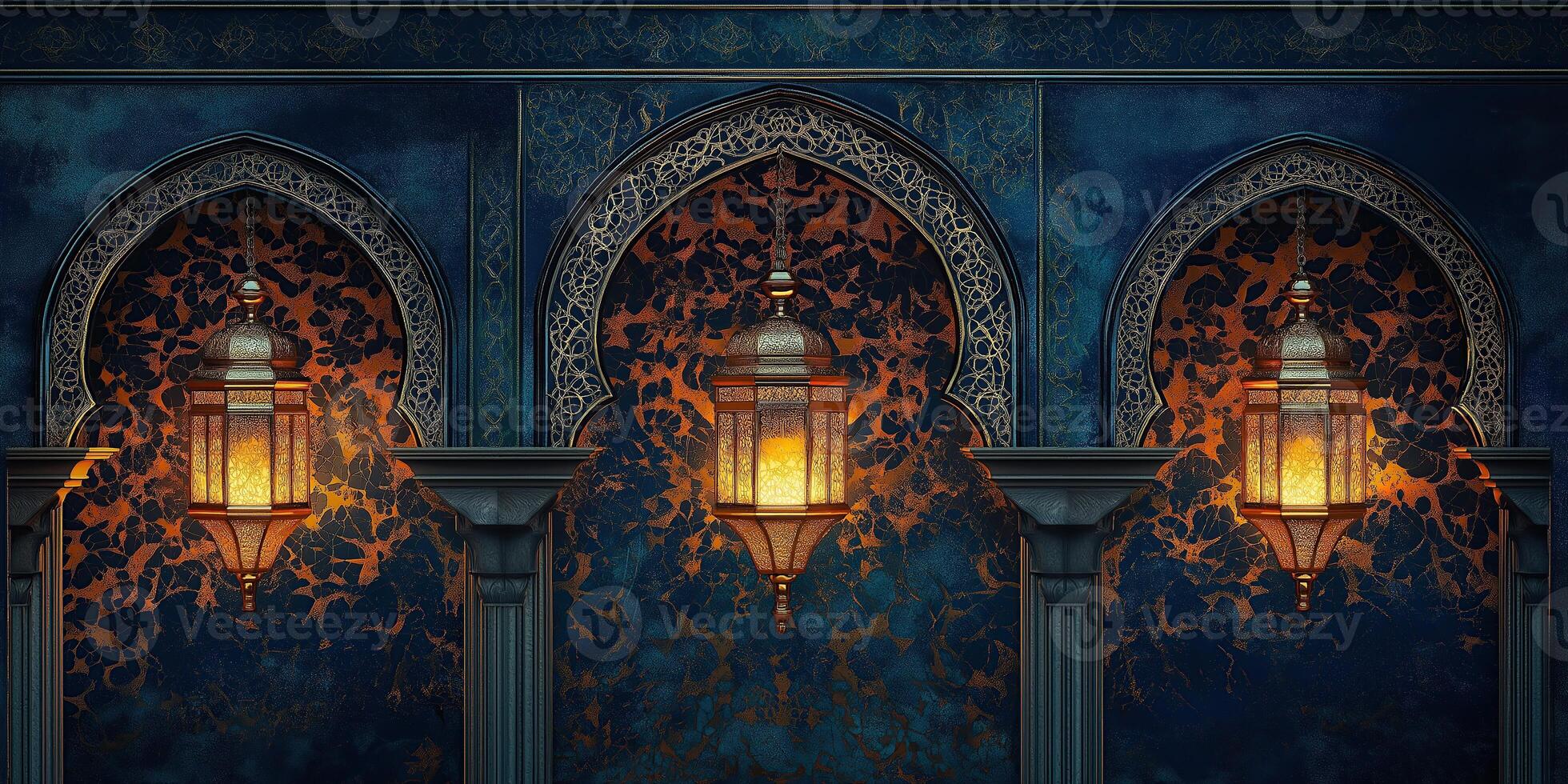 Ramadan Lanterns, Traditional Arabic Lamps with Islamic Background, Candlelight, and Decor for Ramadan Kareem photo