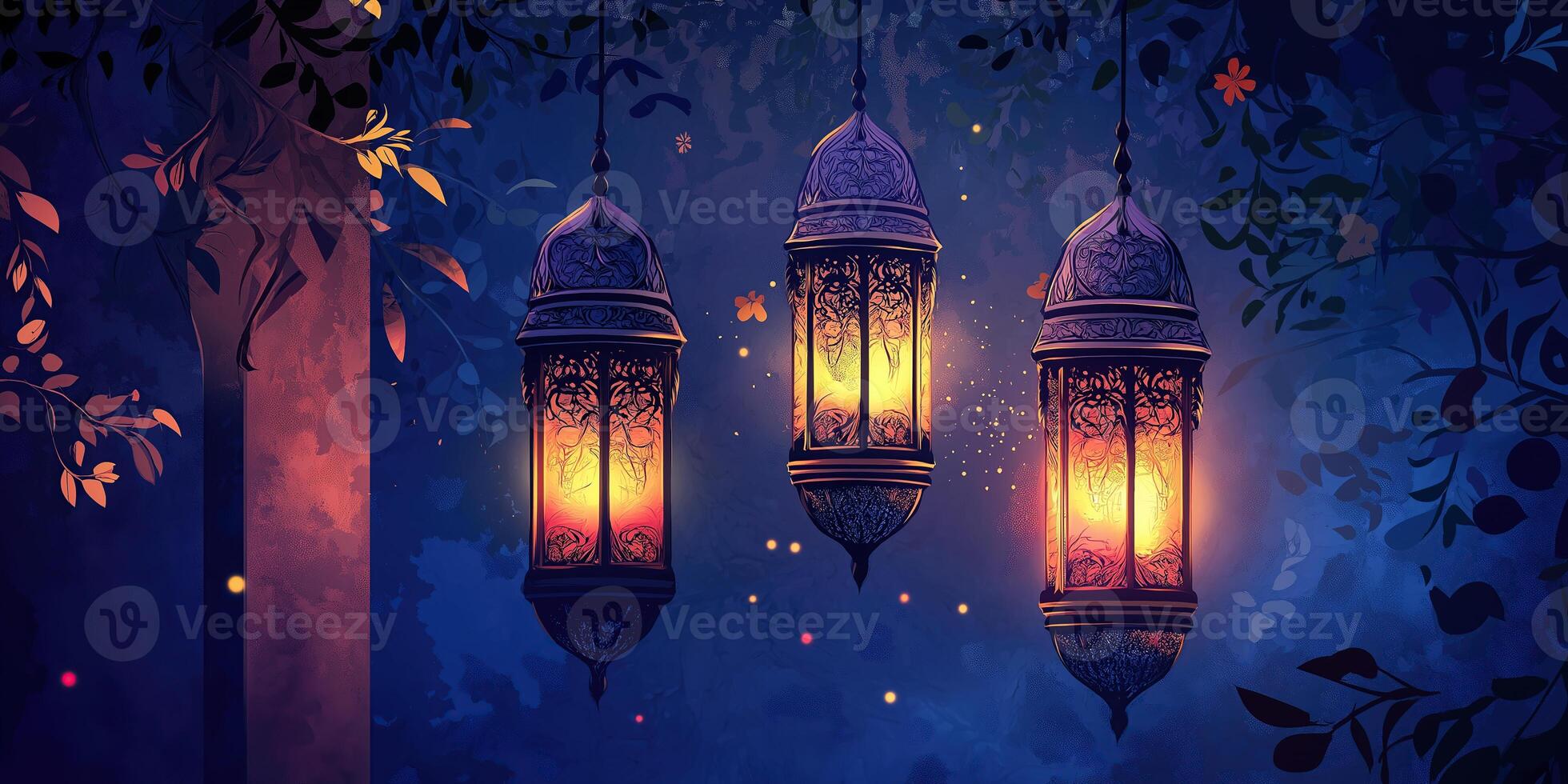 Ornate Arabic Lanterns with Glowing Candle on Dark Ramadan Background, Traditional Decoration for the Holy Month photo