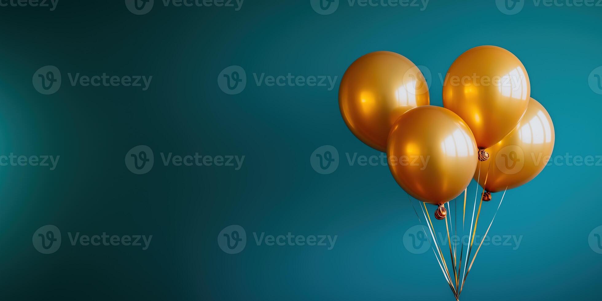 Golden Birthday Balloon on Blue Background, Festive Design with Copy Space photo
