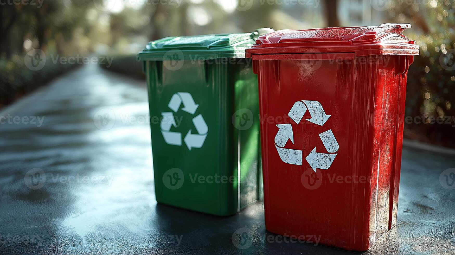 Eco-Friendly Red and Green Recycling Bins for Waste Sorting and Urban Garbage Disposal photo