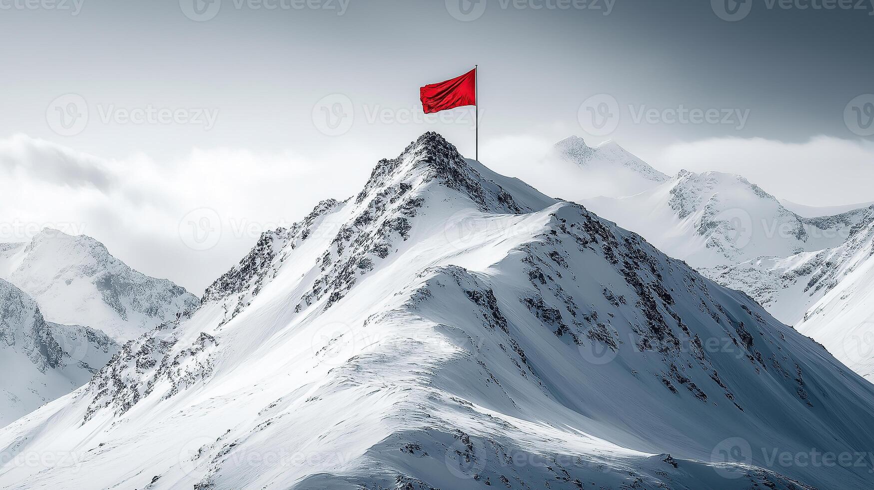 Victory Flag on Mountain Summit , Symbol of Achievement, Leadership, and Conquering Challenges photo