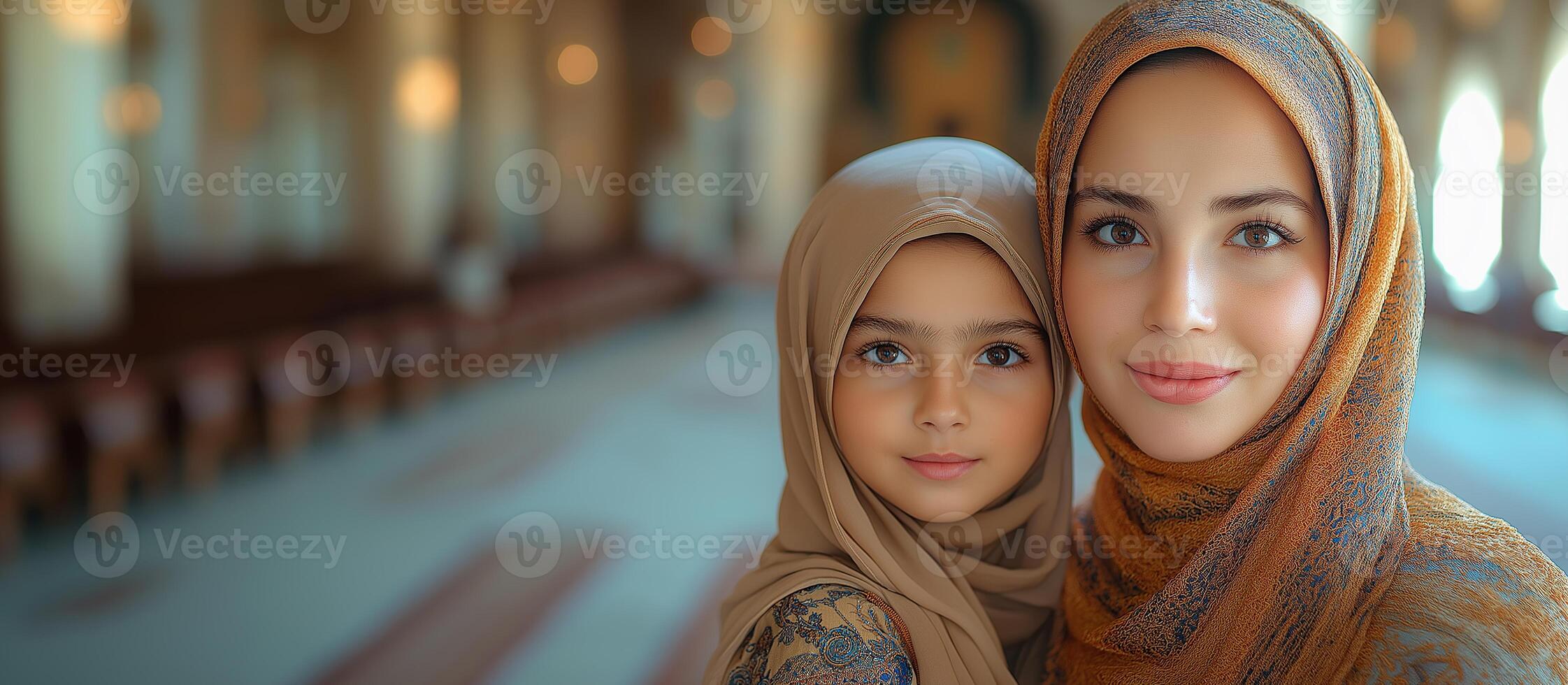Muslim Mother and Daughter in Hijab Praying Together in Ramadan, Copy Space Area photo