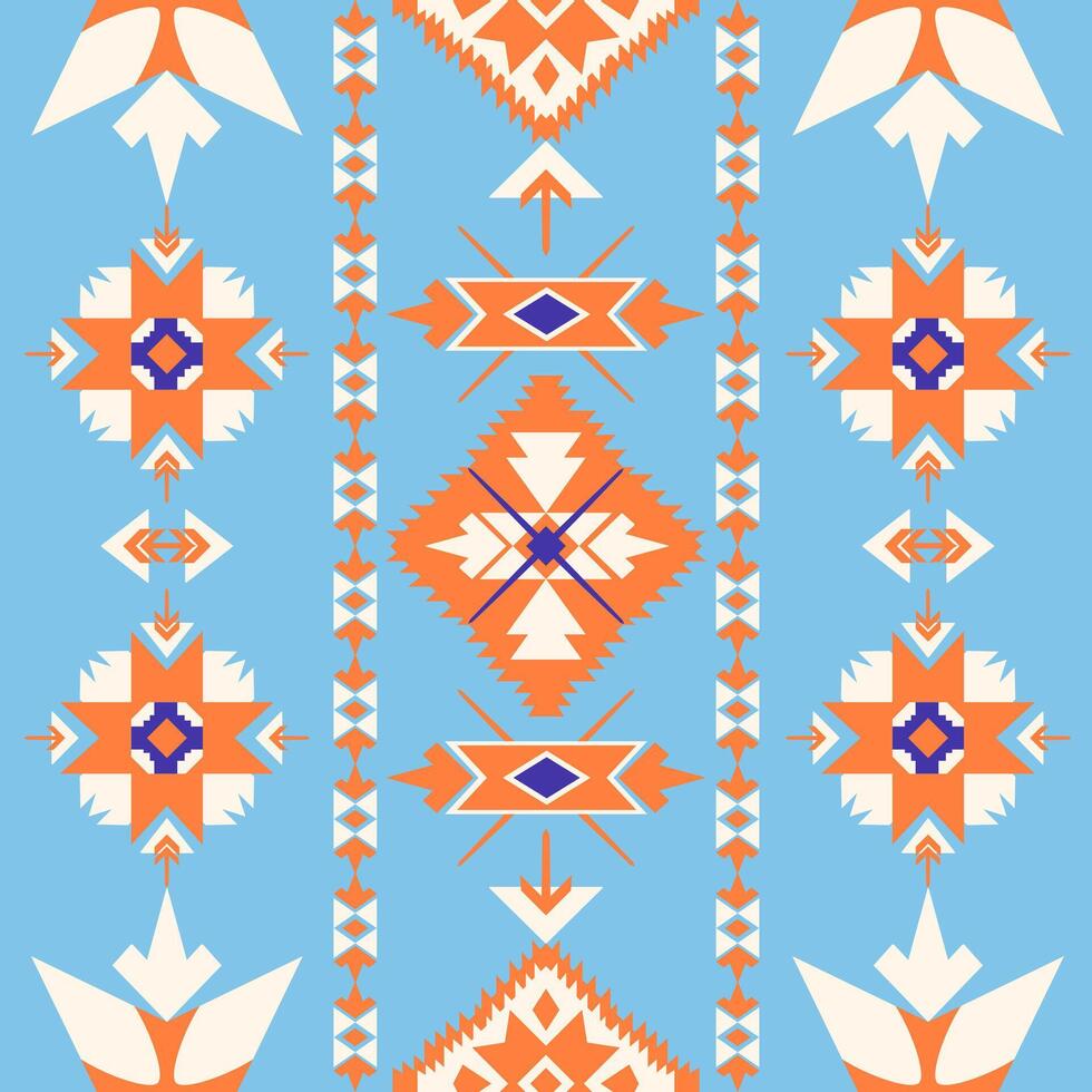 Tribal fabric, tile and carpet feature a geometric square and triangle shape Native American pattern on a blue color background vector