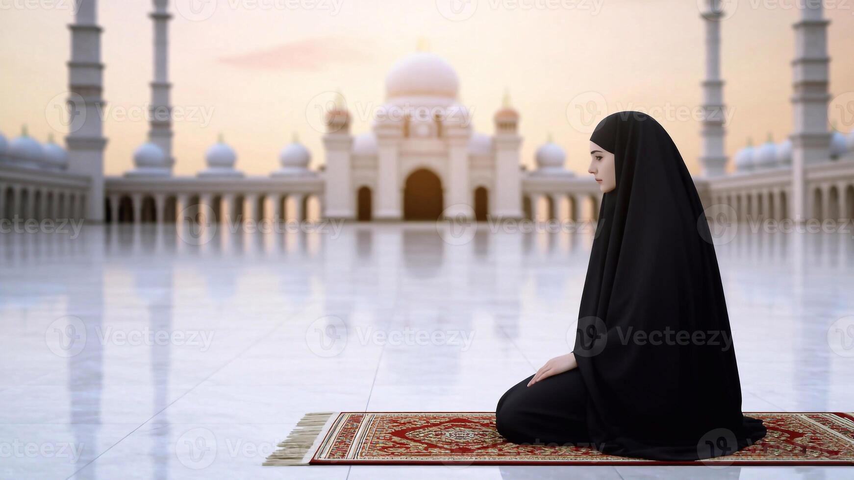Religious Arab woman raising hands in prayer at a mosque entrance. Worship during Ramadan and Islamic faith photo