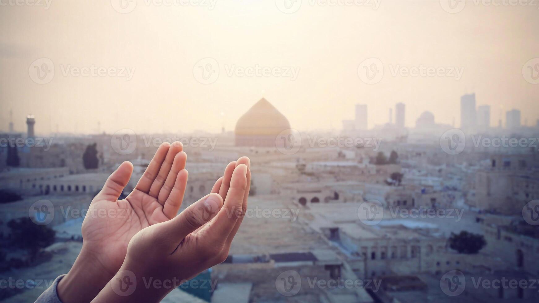 Close-up of Muslim hands raised in dua prayer against the backdrop of a mosque. Islamic faith and worship photo