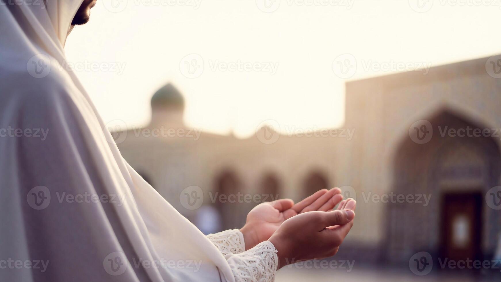 A devout Muslim man in traditional attire prays in a serene mosque courtyard at daytime. photo