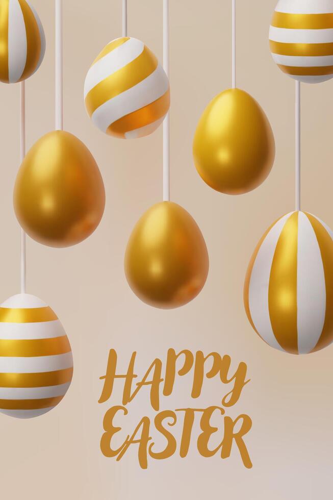 3d render easter gold egg poster. Three-dimensional illustration. Greeting poster for celebration, springtime holiday, kids hunt or design for sale advertising. Modern seasonal card template vector