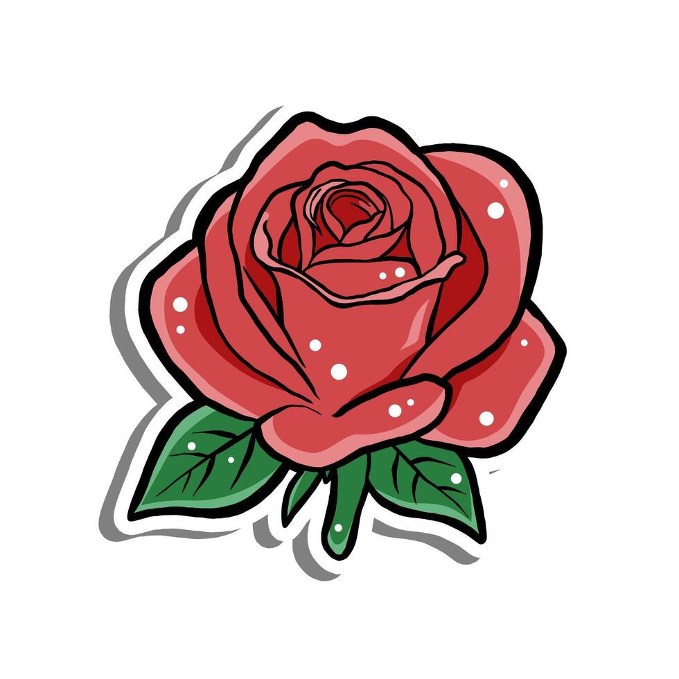 Single Red Rose Blooming with Green Leaves on white silhouette and gray shadow. Illustration for decorate and any design. vector