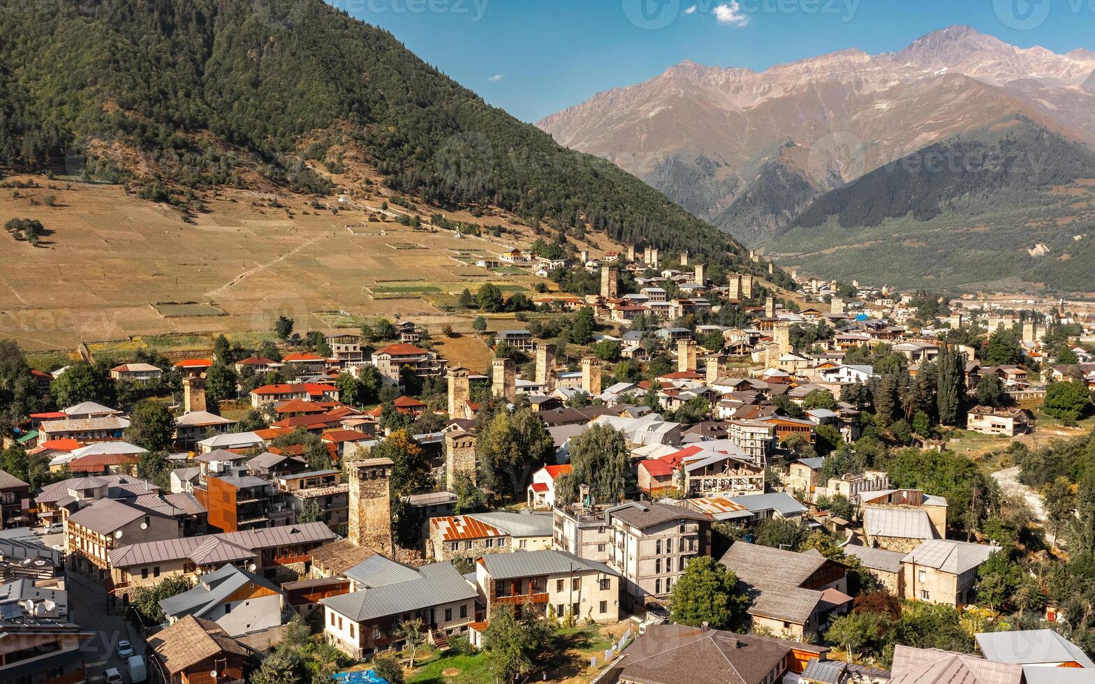 Aerial view of Mestia is a highland townlet in Svaneti region of Georgia photo