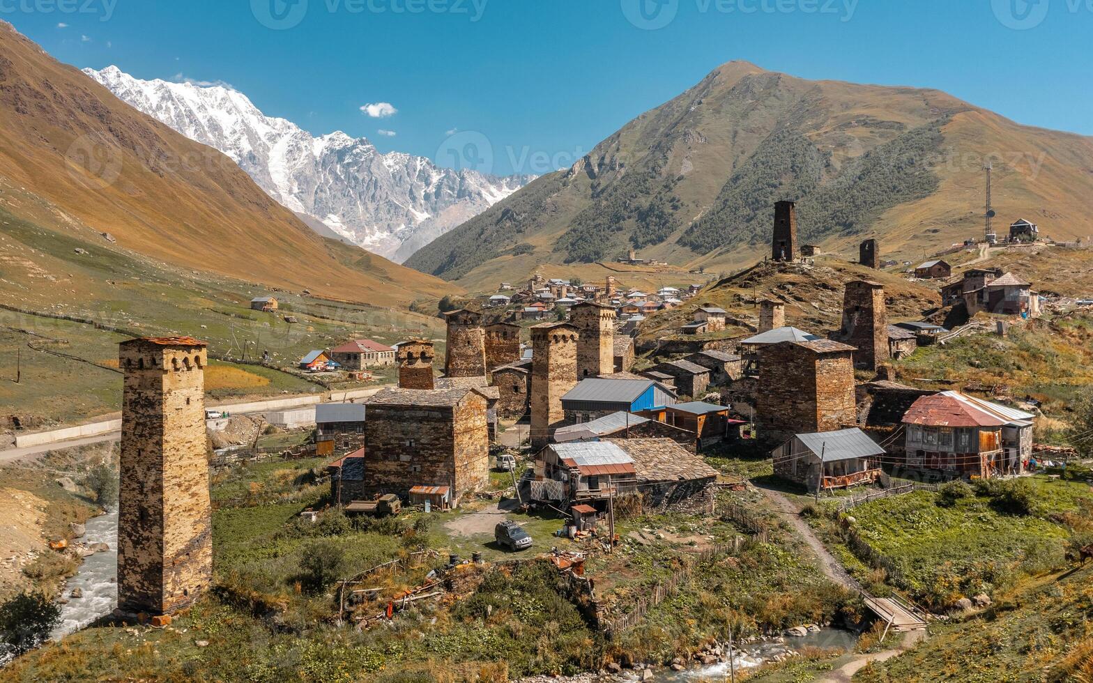 Aerial view of Chazhashi village in Georgia. The village is part of the historical region of Svaneti and center of the Ushguli community photo