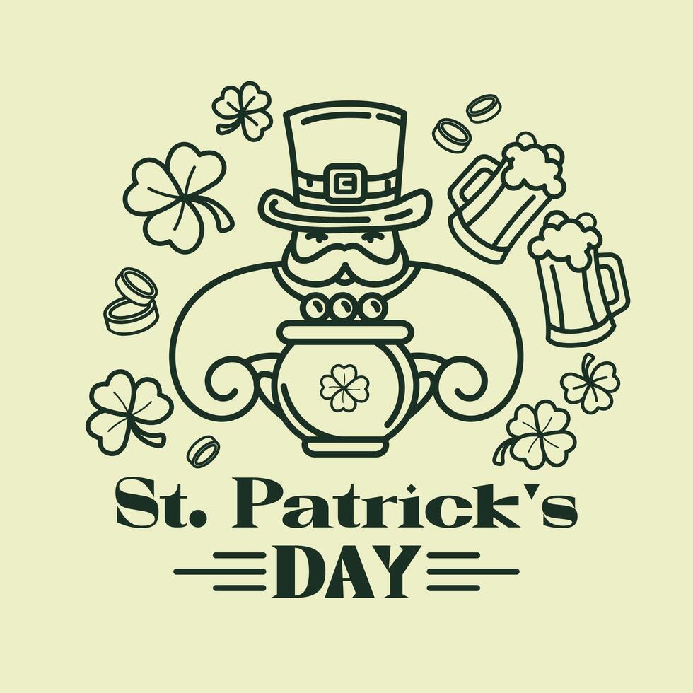 St. Patrick's Day line art with leprechaun pot of gold, shamrocks, beer mugs, festive lettering.Irish Holiday Celebration logo, emblem, print, greeting cards, posters, merchandise. illustration vector