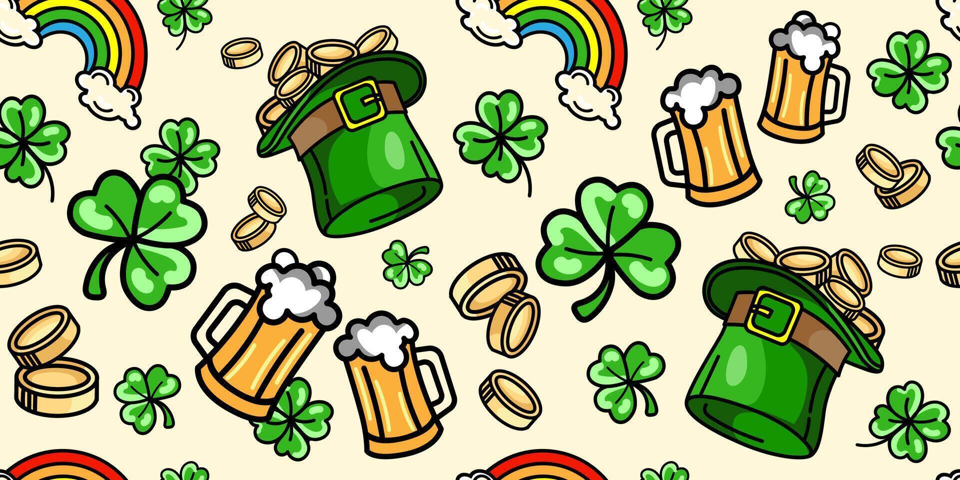 St. Patrick's Day seamless pattern with leprechaun hats, gold coins, shamrocks, rainbows,beer mugs, for wrapping ,textile prints, and festive decorations.Irish holiday background. illustration vector