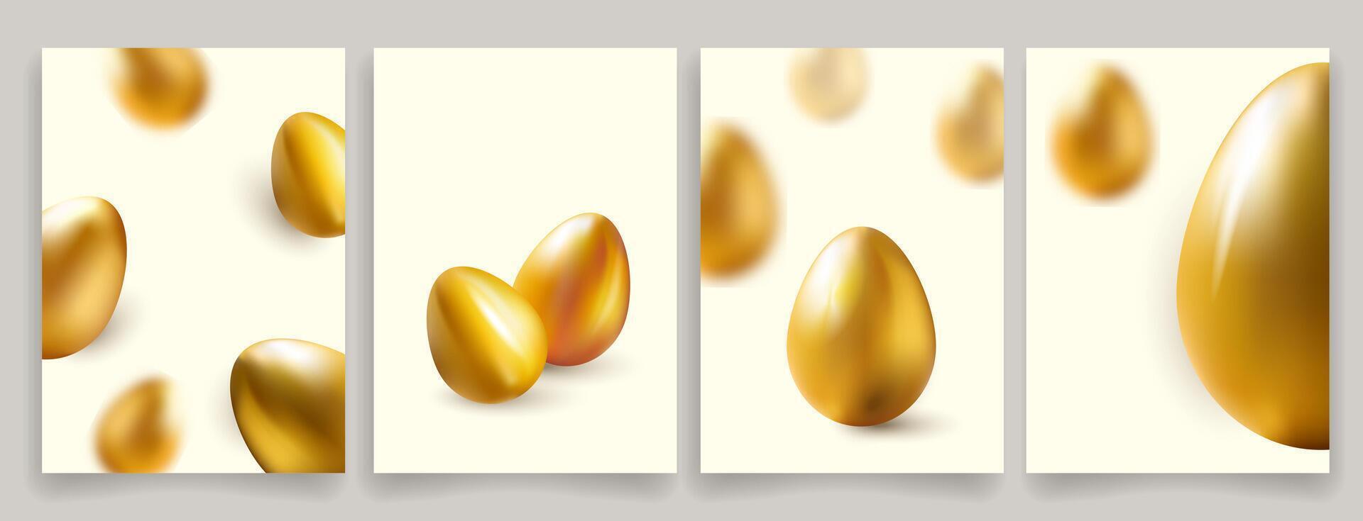 Easter Holidays cards, posters, covers, brochures flyers templates set with golden eggs in 3D style. For social media, creative banners, web, promo, sale, advertising products. illustration vector