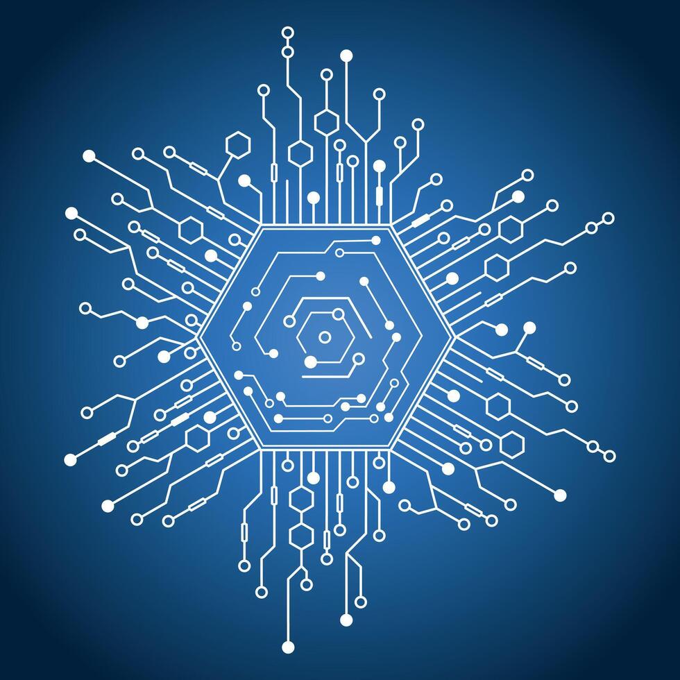 High-Tech Digital Circuit Board with a Blue Hexagonal Core and Complex Network Connections vector