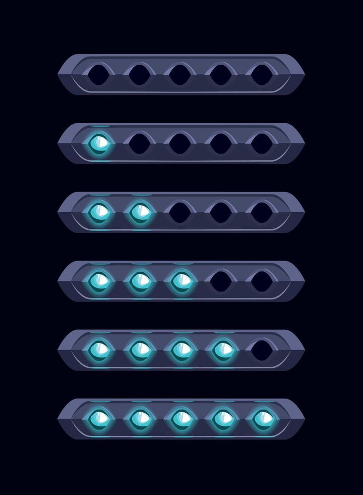 Illuminated Circuit Strips. Horizontal filling scale with five cells filled with sparkling crystals vector