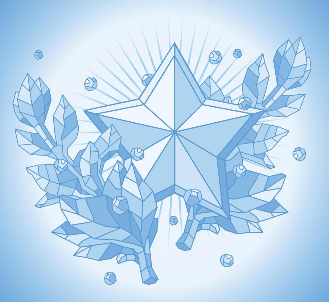 Crystal Victory Star. Blue Glowing Outline Star with Crystalline Icy Branches Symbolizing Victory and Honor vector