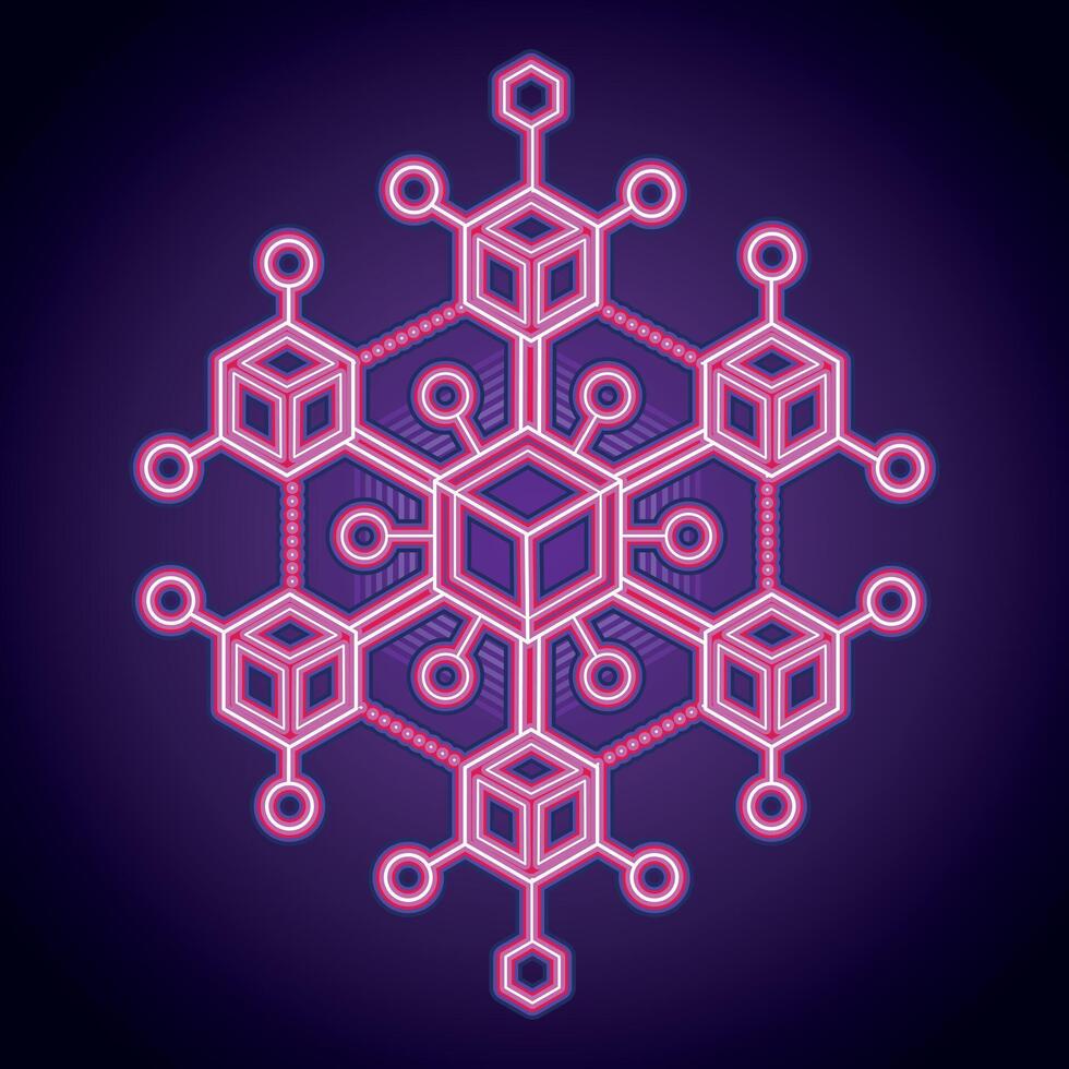 Neon Pink Blockchain Structure. Digital Cryptocurrency Network with Futuristic Design vector