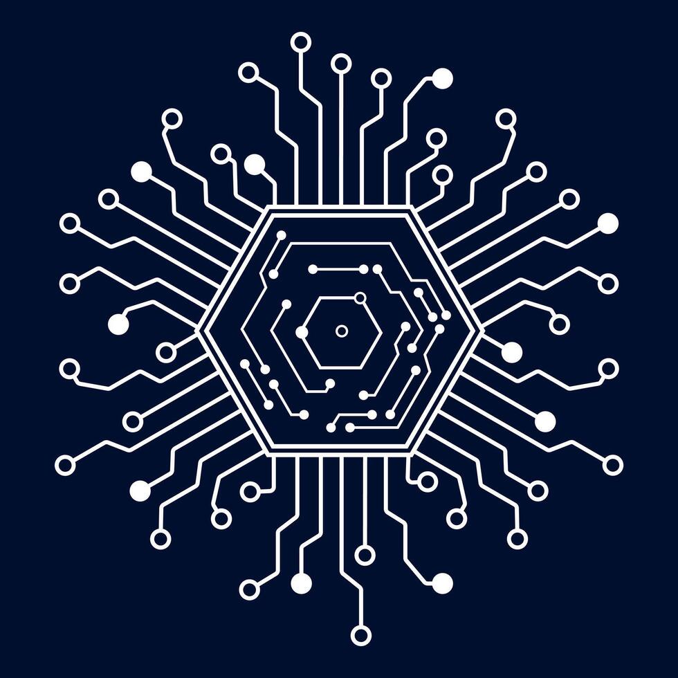 Futuristic Digital Circuit Core with a Dark Background and a Glowing Hexagonal Technology Pattern vector