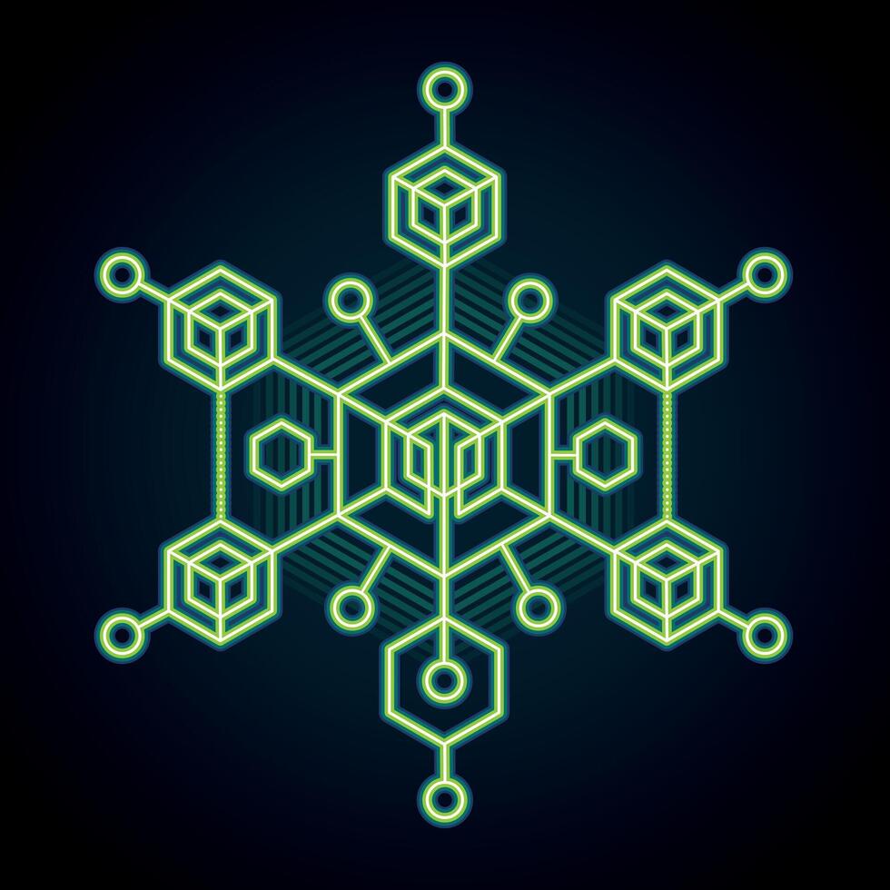 Frozen Data Matrix. Green Neon Tech Structure with Geometric Snowflake Design. Glowing Green Blockchain Network vector
