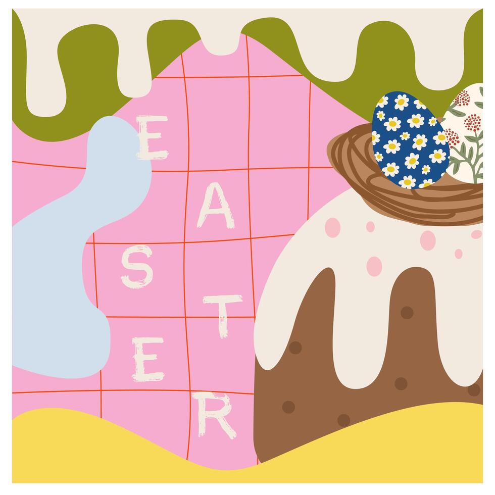 Happy Easter holiday abstract poster in modern cartoon style. Easter cake on a pink background vector
