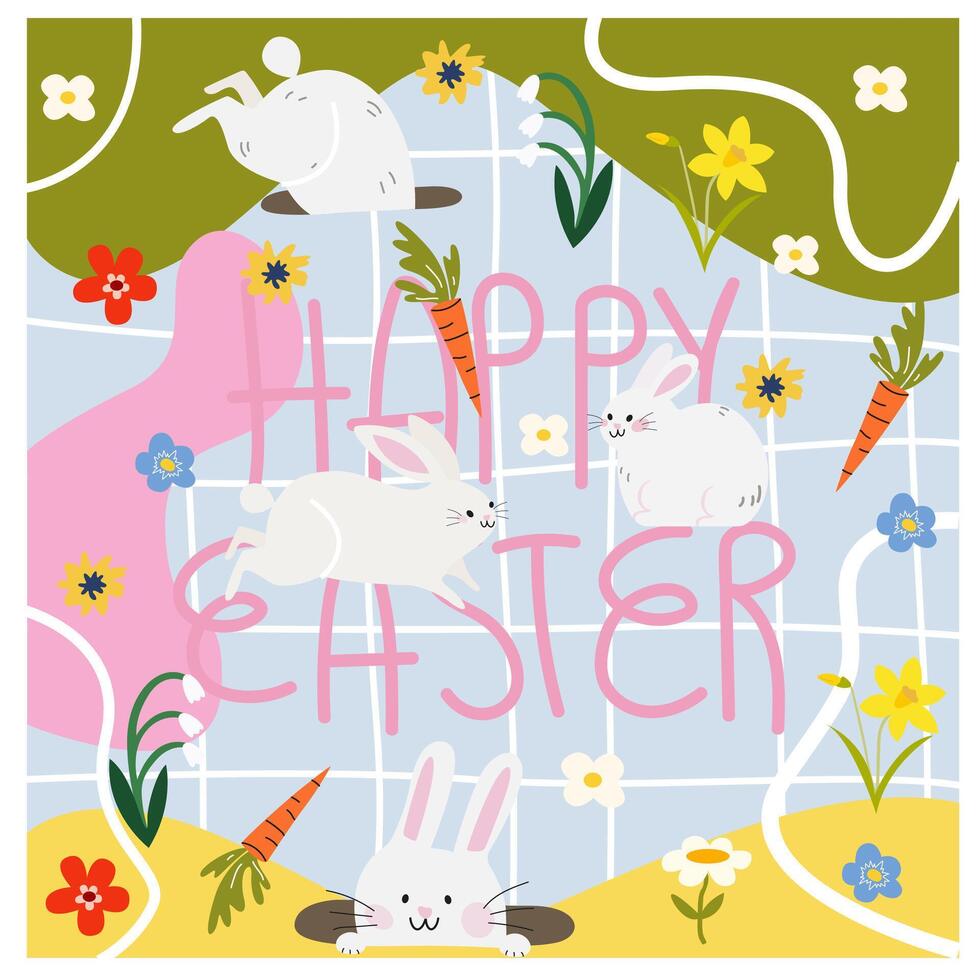 Abstract bright Easter poster in cartoon style for greeting card. White bunny, spring flowers vector