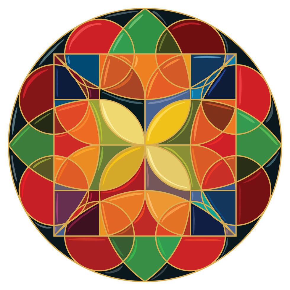Stained glass window in old russian style. Decorative element mandala in dark shades colors. Circular saucer glass painting with geometric flower with petals. Ethnic round ornament background vector