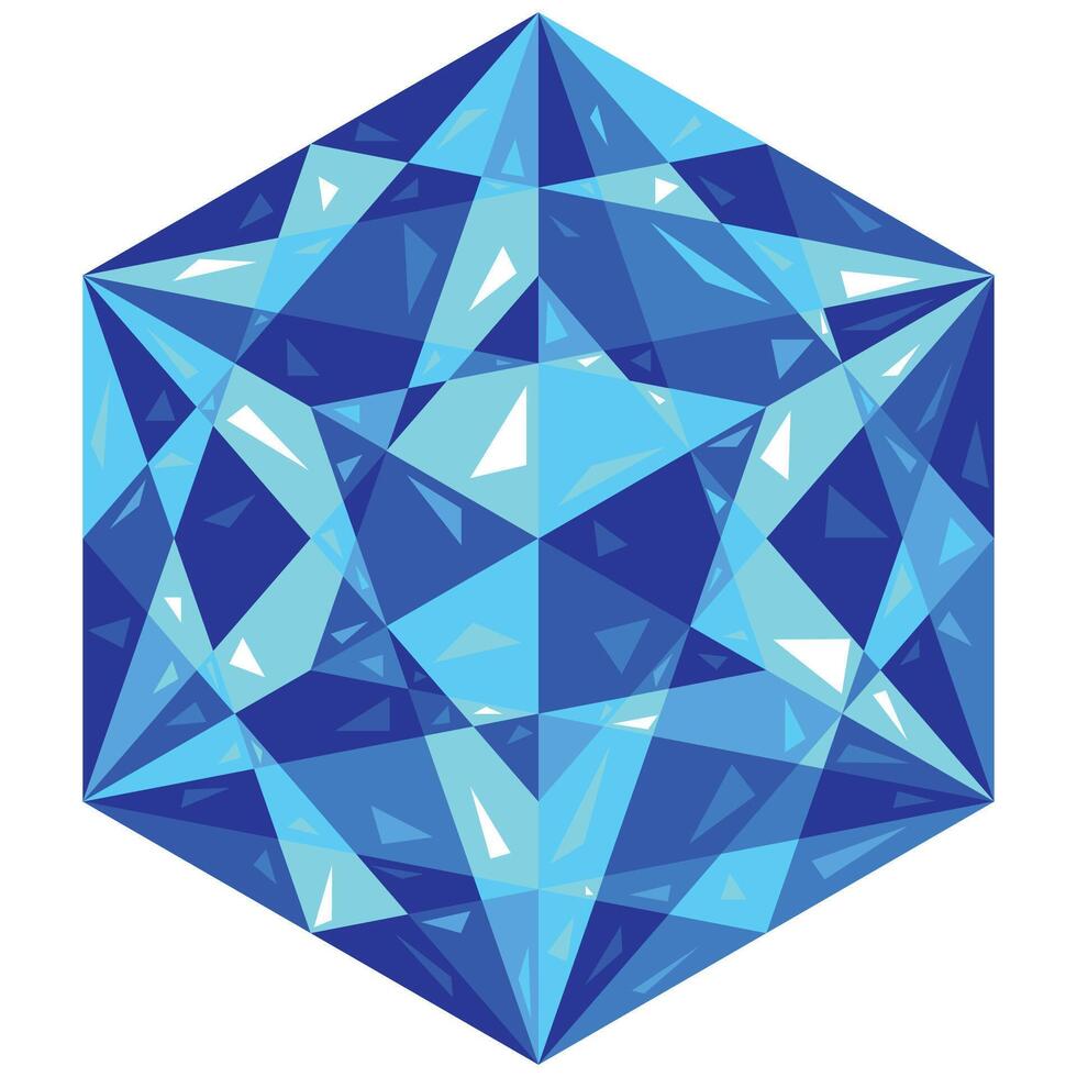 Ultramarine blue faceted crystal. Sapphire gemstone. Topaz stone magical talisman. Low poly symmetrical shiny glass mandala vector
