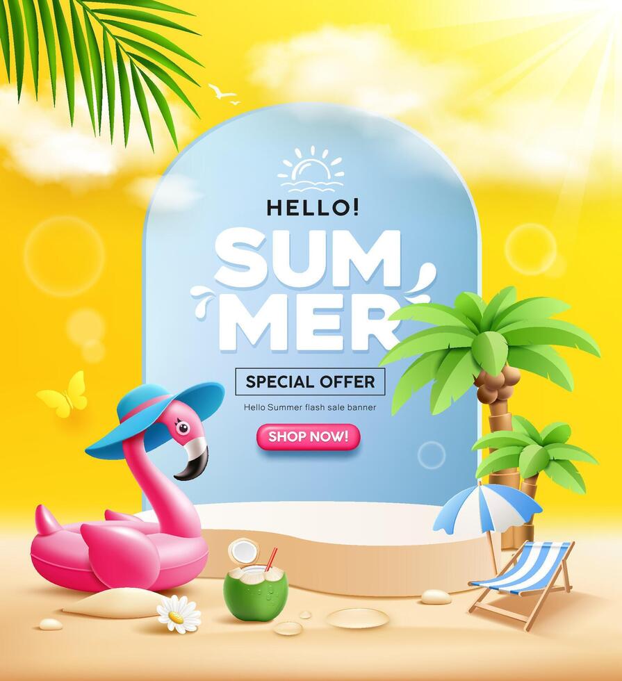 Summer sale podium, pink flamingo inflatable swimming pool, coconut trees, beach umbrella, poster design vector