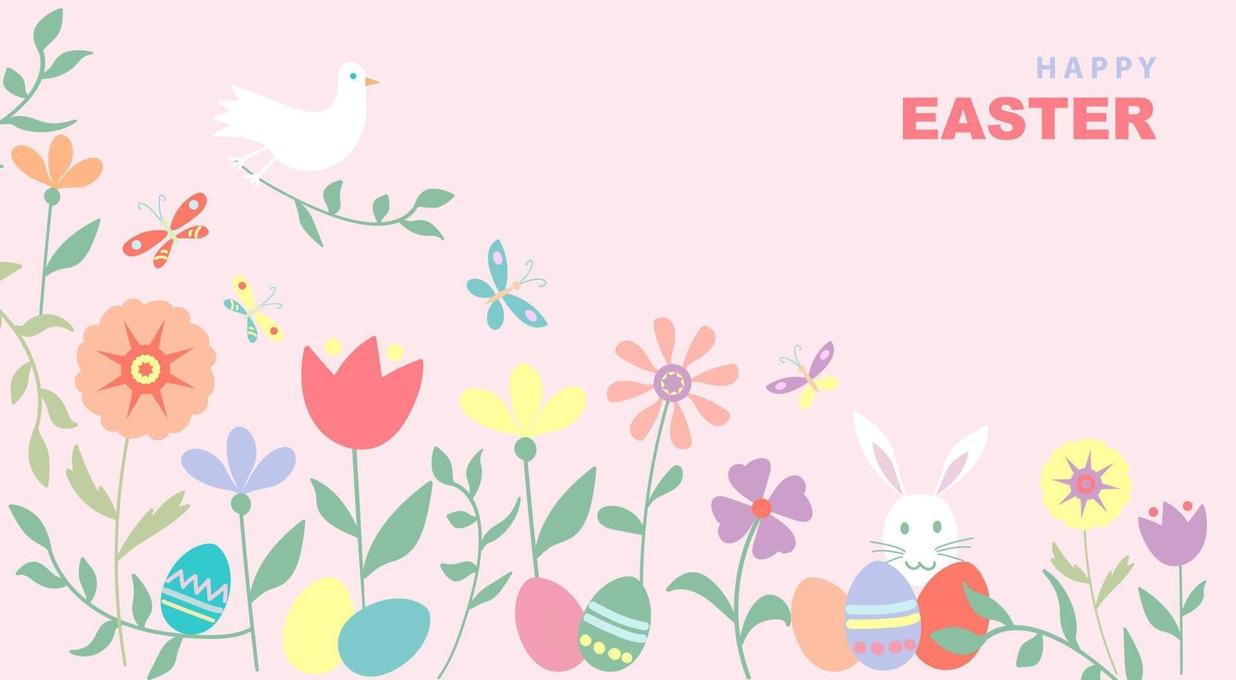Banner of Happy Easter, hand drawn flat design with flowers, eggs, dove of peace and bunnies, in pastel colors style. illustration on pink modern background with copy space vector