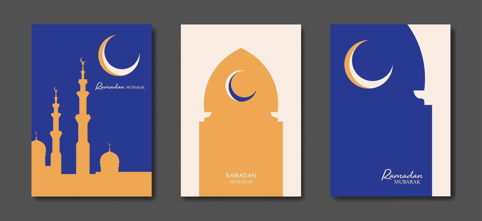 Ramadan Mubarak set colorful card A4. holiday posters with text, islamic symbol, crescent moon and window mosque vector