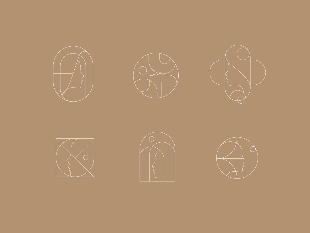 Female silhouettes drawing in minimalist linear art style on brown background. vector