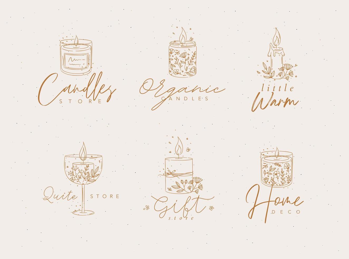 Candles with branches and leaves label collection drawing on beige background vector