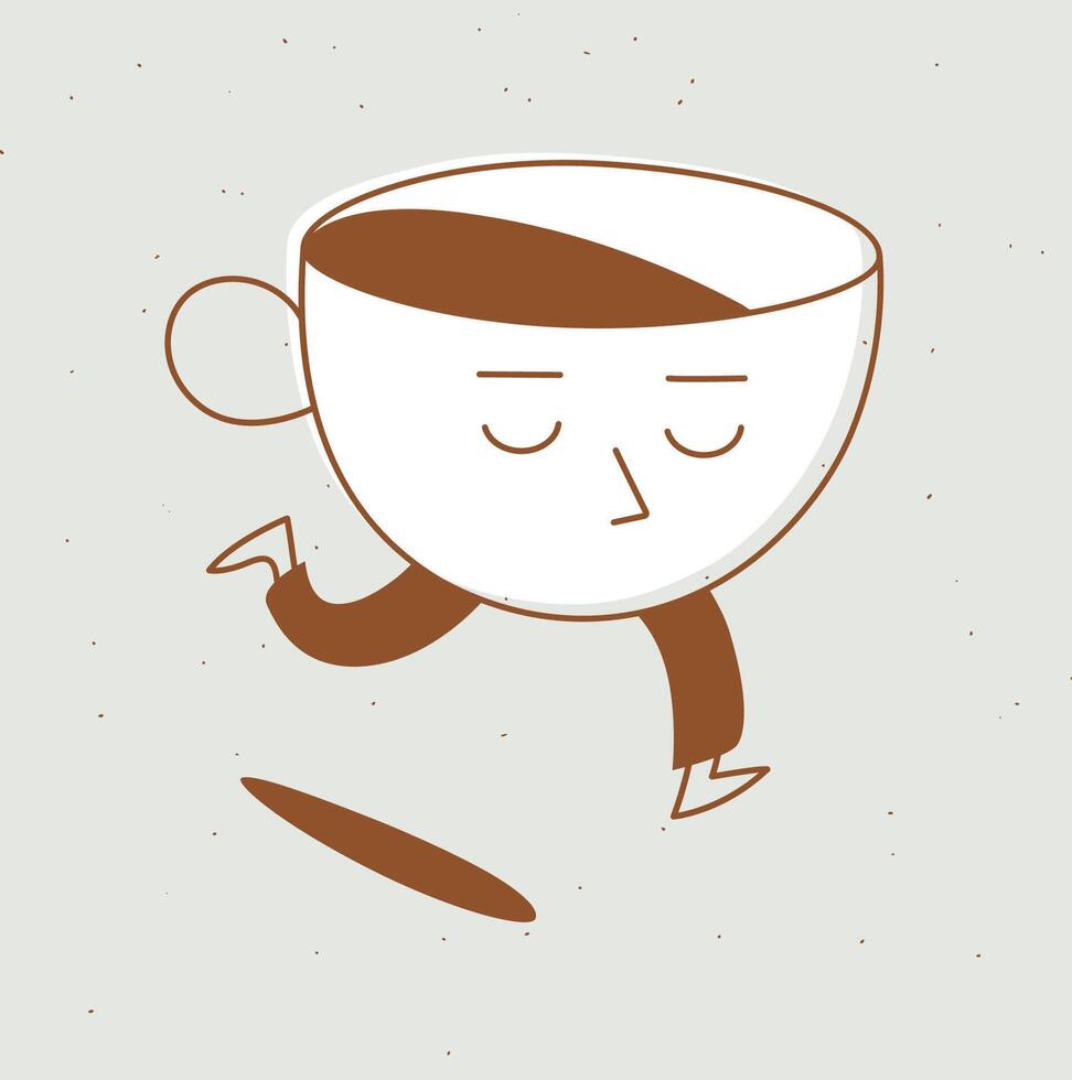 Running sleepy cup of coffee drawing in cartoon flat line style on beige vector
